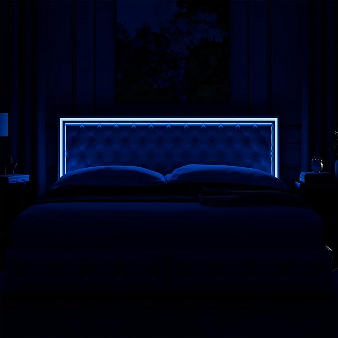 Keyluv Full Upholstered LED Bed Frame with 4 Drawers, PU Leather Platform Storage Bed with Adjustable Button Tufted Headboard and Solid Wooden Slats Support, No Box Spring Needed, White