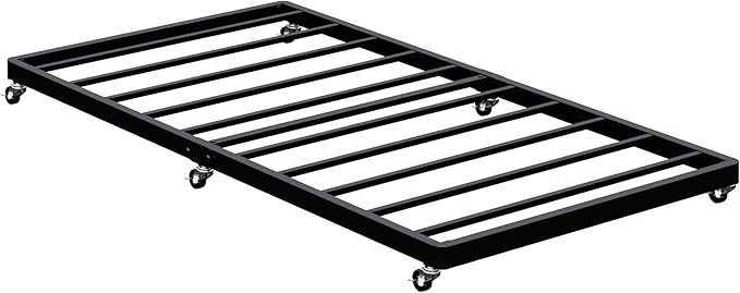 Lutown-Teen Twin Trundle Bed Frame with Metal Slats, Roll-Out Design, Easy Assembly Steel Frame with Lockable Wheels, Noiseless Pull Out Bed for Bedroom, Living Room or Guest Room, Black