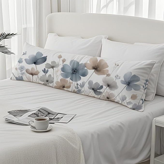 Vintage Watercolor Floral 20x54 Body Pillow Cover, Floral Room Decor, Abstract Blue Gray and White Flowers Botanical Decorative Long Body Pillow Cases for Bed Couch
