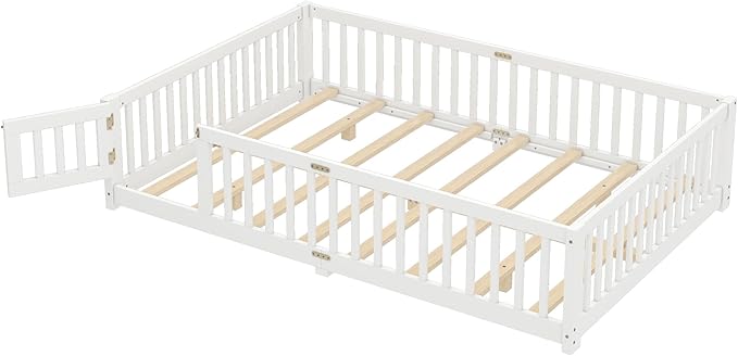 Bellemave Queen Floor Bed with Slats and Door, Queen Size Montessori Floor Bed with Fence and Door, Easy Assemble Montessori Beds Frame for Girls, Boys, White