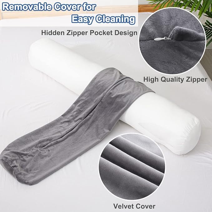 1 MIDDLE ONE Body Pillow for Adults, Bolster Pillow with Removable Velvet Cover, Long Round Cervical Roll Pillow, 35 x 7.87 Inches, Grey