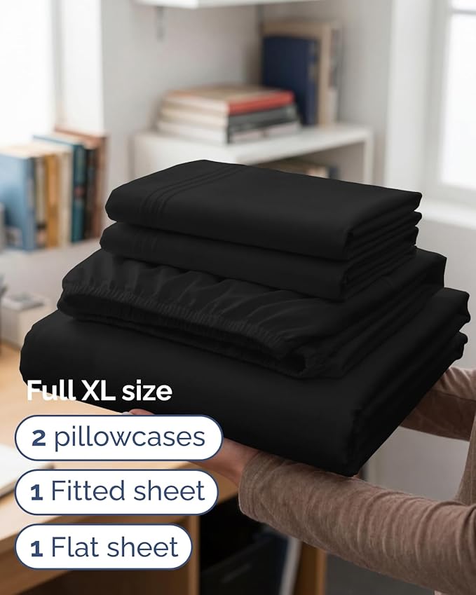 Full XL Bed Sheet - 4 Piece Full XL Bed Sheets Set - Ultra-Soft, Comfy, Breathable & Cooling - Hotel Luxury Bedding for Women & Men with Deep Pockets - Wrinkle Free & Fade Resistant - Oeko-Tex - Black