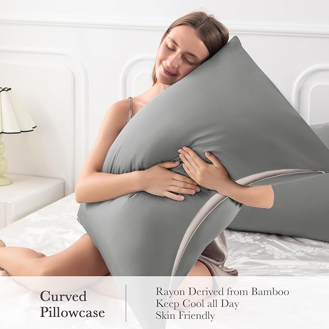 Curved Pillow Case King Size, Side Sleeper Pillow Cases Cover Cooling Rayon Derived from Bamboo with Zipper for hot Sleepers Hair and Skin, Breathable Silky Soft Pillowcase 1 Pack 20 * 36 Inches