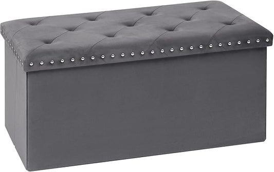 PINPLUS Storage Ottoman Bench, Folding Velvet Fabric Ottomans with Storage, Large Long Shoes Chest with Rivet Design, Blanket Chests Foot Rest Stool for Bedroom Living Room, Grey,30"x15"x15"