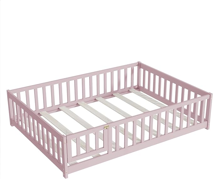 Bellemave Full Size Montessori Floor Bed Frame with Rails & Door, Solid Wood Kids Floor Bed Full with Removable Slats, Low Profile Montessori Bed for Children’s Sleep & Play, Pink