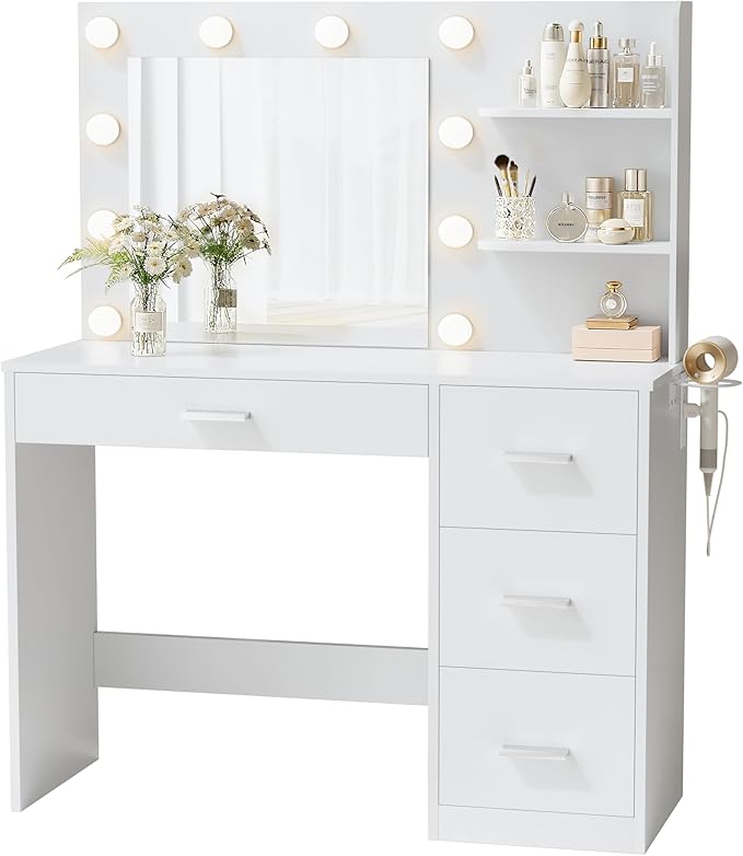 YESHOMY Vanity Desk with Mirror, 10 Lights, Power Outlet and 3 Storage Shelves, Makeup Table with 4 Drawers, 3 Color Modes, for Bedroom, Pure White