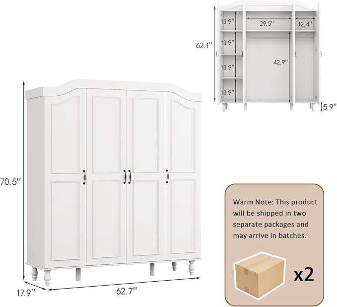 Arched Armoire Wardrobe Closet with 4 Doors, 71" H Wooden Large Capacity Wardrobe Cabinet with 2 Hanging Rods and 8 Shelves, Freestanding Armoire Storage Cabinet for Bedroom, Cloak Room, White