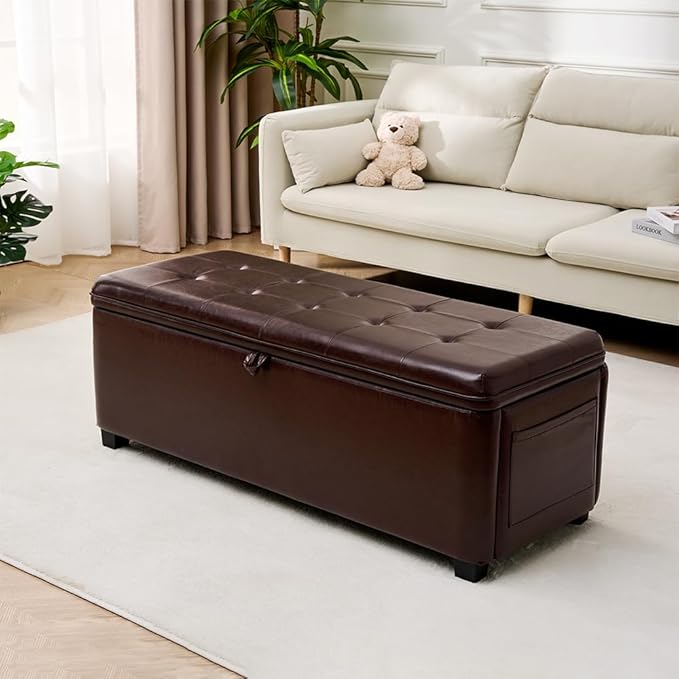 45" Storage Ottoman Bench - Large 28 Gallon (105L) Brown Bedroom Bench for End of Bed, Fuax Leather Upholstered Window Seat, Sturdy Toy Chest & Shoe Bench for Living Room, Entryway