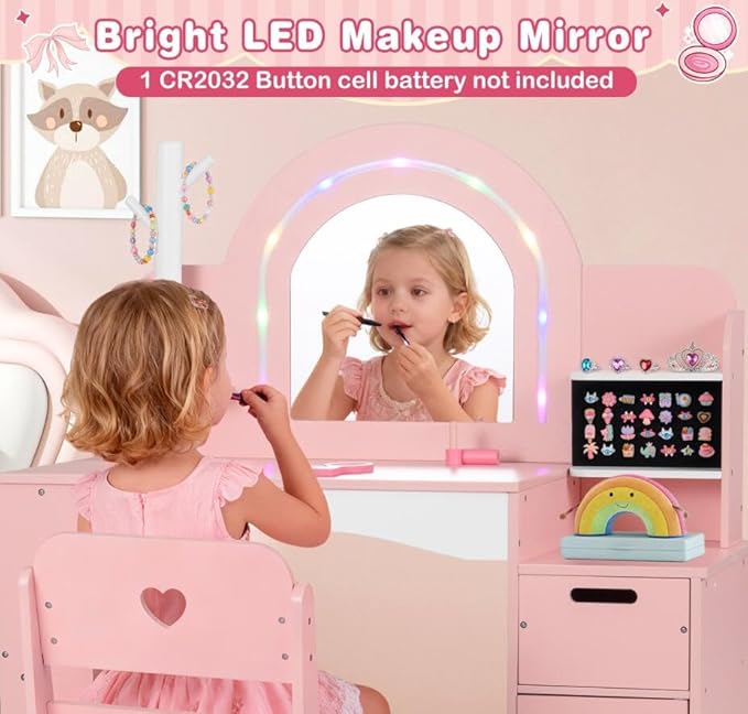 INFANS Kids Vanity with Lights, Princess Makeup Desk with Mirror, Jewelry Hanger, Fabric Drawers, Toddler Table and Chair Set Pretend Play for Girls