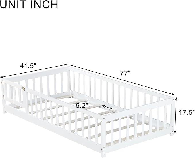 Bellemave Twin Floor Bed with Slats and Door, Twin Size Montessori Floor Bed with Fence and Door, Easy Assemble Montessori Beds Frame for Girls, Boys, White