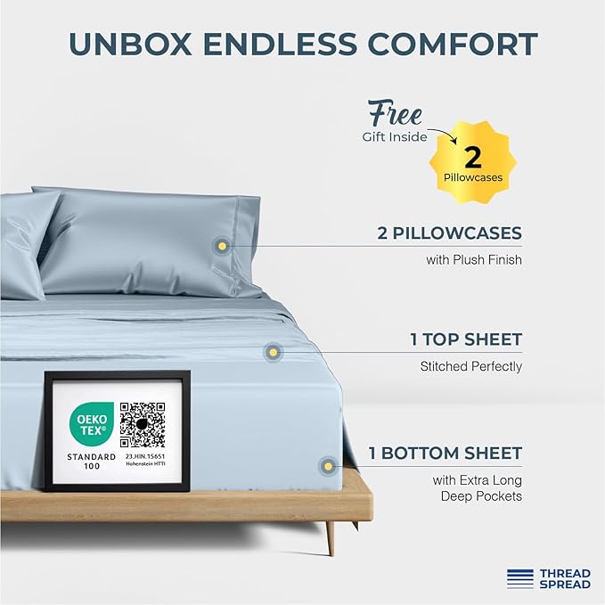 THREAD SPREAD 100% Egyptian Cotton King Size Sheets Set - Luxury 1500 Series Egyptian Cotton Sheets King Size (4 PC, Light Blue), Silky Soft, Sateen, Cooling & Breathable, 17" Deep Pocket Bed Set