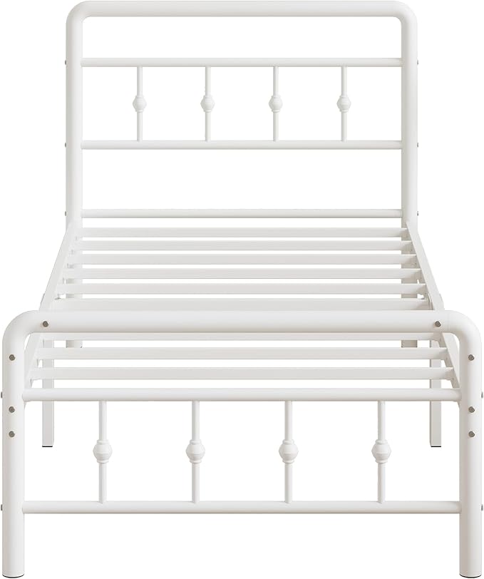 14 Inch White Twin Bed Frames with Victorian Headboard and Footboard, Heavy Duty Vintage Twin Bed Frame No Box Spring Needed, Metal Mattress Foundation, Easy Assembly