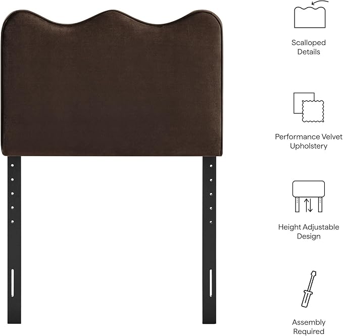 Monday Athena Twin Size Performance Velvet Adjustable Headboard in Chocolate Brown - with Scalloped Wave Design and Stain-Resistant Velvet Upholstery