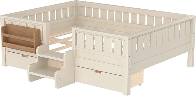 Bellemave Full Size Kids Montessori Bed with Stairs and Bookshelf,Solid Wood Full Size Kids Bed Frame with Drawers and Storage for Girls Boys,Low-Profile,Beige