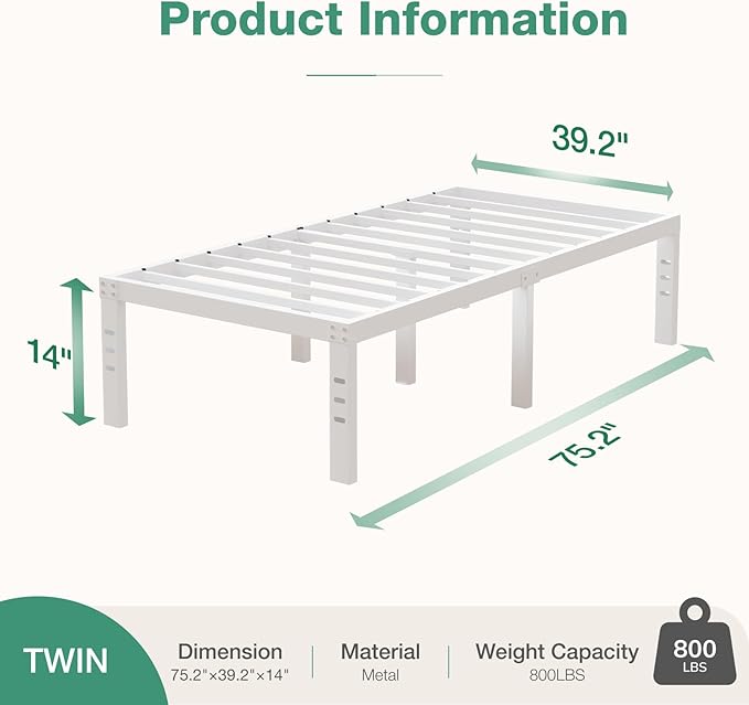 Novilla Twin Bed Frame, 14 Inch Metal Platform Bed Frame Twin Size with Storage Space Under Bed, Heavy Duty Steel Slat Support, Easy Assembly, No Box Spring Needed, White