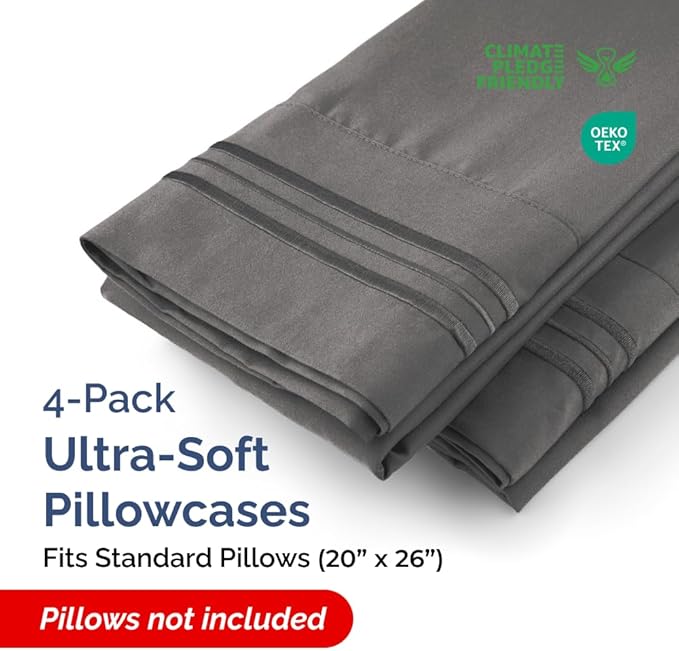 Standard Pillow Cases Set of 4 - Ultra Soft Hotel Quality Pillowcase Covers - Comfy Bedding for Women, Men, Kids & Teens - Machine Washable Pillow Protectors - 4 Piece Set - Standard Size Charcoal