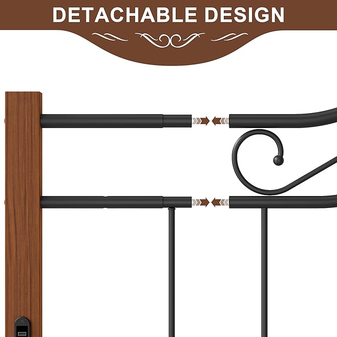 Elephance Headboard for King Size Bed Frame with Charging Station,USB and Type C Ports, Adjustable Height,Vintage Platform Bed King Only, Easy Assembly,Black