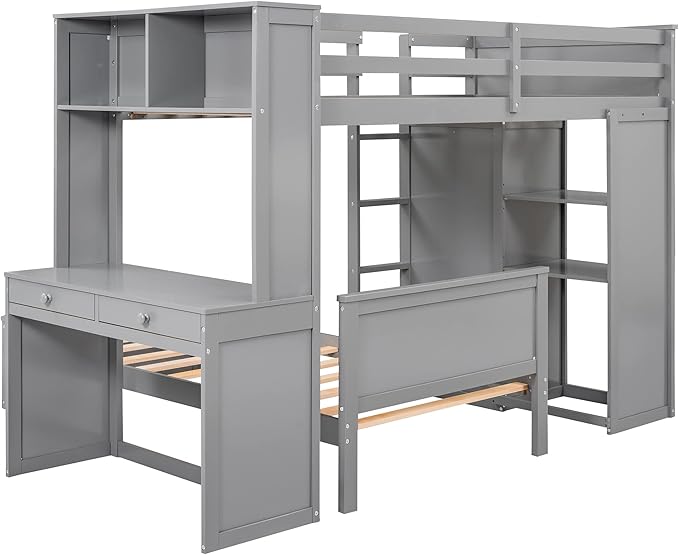 JULYFOX Twin Loft Bunk Bed with Wardrobe, Wood Bunk Bed Twin Over Twin with Tilt Ladder Study Desk Shelves 2 Bed Frames Space Saving No Box Spring Needed(Twin Over Twin,Gray)