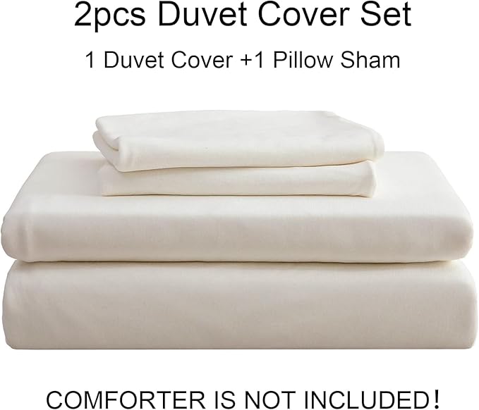PURE ERA Jersey Knit Duvet Cover Set 100% T-Shirt Cotton Super Soft Comfy 2pc Bedding Set with Zipper Closure (Solid Off White, Twin)