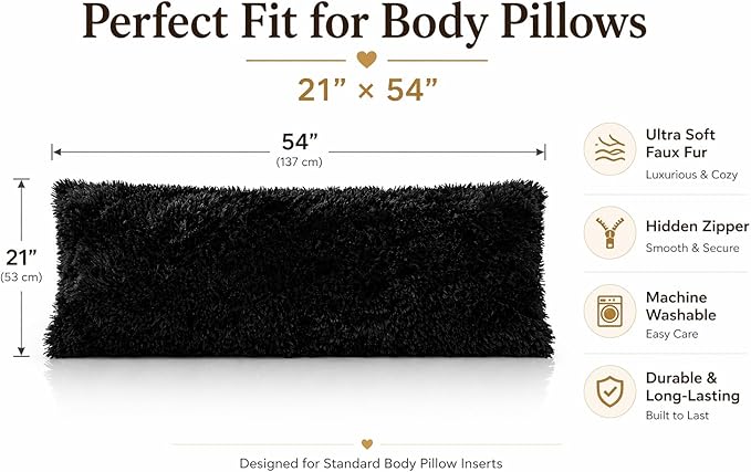 Reafort Luxury Faux Fur Body Pillow Cover 21" x 54", Long Hair PV Plush Body Pillow Case with Hidden Zipper Closure, Ultra Soft Fluffy Decorative Long Pillow Cover (Black, Body)