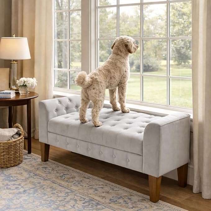 HomePop Velvet Tufted Storage Bench Settee with Hinged Lid, Grey