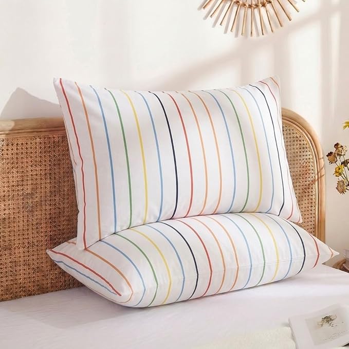 Merryword Standard Size Pillowcases, 100% Cotton Pillow Cases, Rainbow Striped Pillowcases, Soft Breathable Pinstripe Pillow Covers, Set of 2