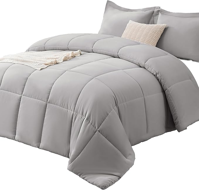 CozyLux Queen Comforter Set - 270GSM French Grey Bedding Sets for All Seasons, 3 Pieces Box Stitched Bed Set with 1 Down Alternative Comforter and 2 Pillow Shams, Soft, Lightweight, Breathable