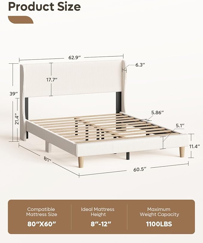 Bestier Queen Size Bed Frame with Wingback Headboard,Platform Queen Upholstered Bed with Strong Wooden Slats,No Box Spring Needed,Never Squeaks,Easy Assembly,Beige