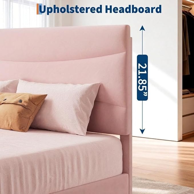IDEALHOUSE Twin XL Upholstered Platform Bed Frame with Ergonomic Headboard, Beige Soft Fabric, Heavy Duty Wooden Slats, Noise-Free, 6.3" Underbed Storage, No Box Spring Needed, Easy Assembly