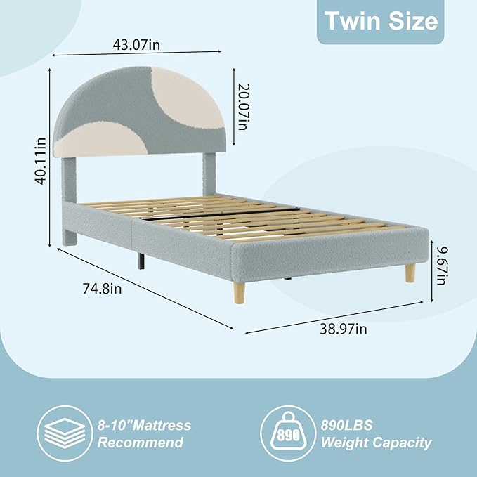 Garvee Twin Bed Frame with Upholstered Round Boucle Headboard, Arch-Shaped Design in Soft Blue and White, Modern Kids Bed with Wooden Slats, No Box Spring Required and Easy Assembly