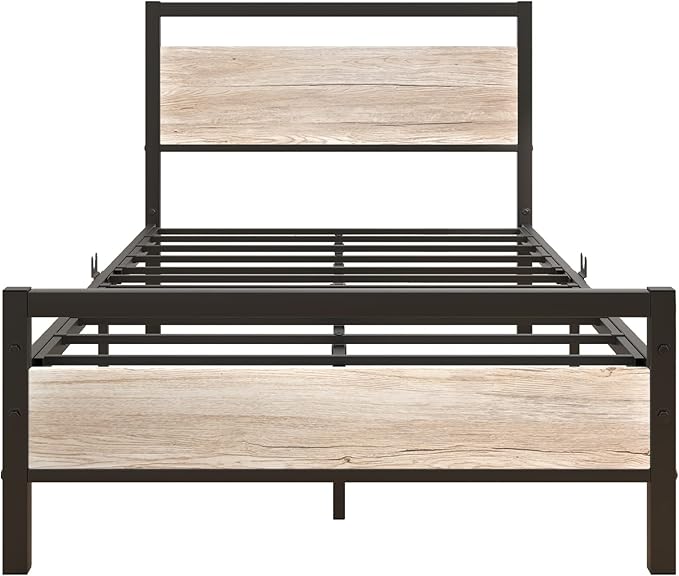 HOJINLINERO Twin Bed Frames with Wood Headboard,Metal Twin Platform Bed Frame No Box Spring Needed,Heavy Duty Steel Slats,No Noise,Black and Teak Oak