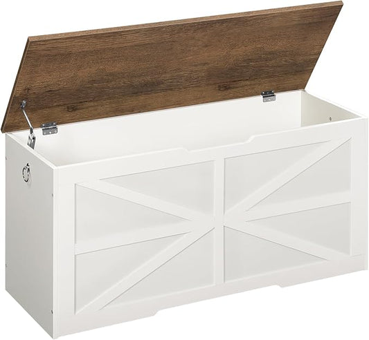 CHOEZON Storage Chest, 39.4" Toy Chest, Modern Storage Bench with Safety Hinge, Toy Box, Farmhouse Style, for Bedroom, Living Room, Walnut and White MCW10WL
