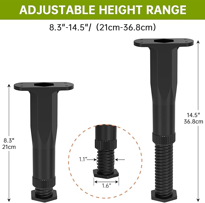 Yuleimy Adjustable Bed Center Support Legs (8.3"-14.5"), Heavy Duty Replacement Slat Legs for Queen & King Size Wooden Frame, Non-Scratch Floor Protection, 6-Pack