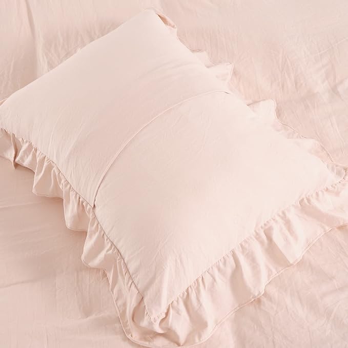 CAROMIO Ruffle Duvet Cover King Size, 3PCS Soft Washed Microfiber Vintage French Country Duvet Cover Set with Button Closure, Pink, 104x90 in