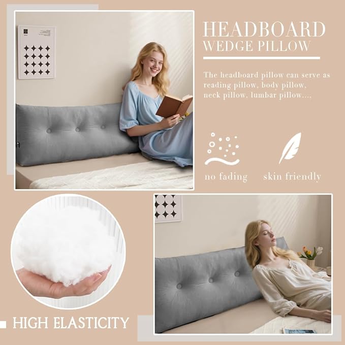 Queen Size Headboard Pillow Wedge Long Backrest Positioning Support for Sitting up Sleeping in Daybed Sofa Couch Wedge Bed Gap Filler Rest Large Reading Pillow with Side Pocket Bolster Cushion