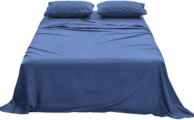 Kingnex Striped RV Short Queen Sheets Set for 60 x 75 Camper Bed with up to 15 Deep Soft Brushed 1800 Microfiber 4 Piece Bedding Set 60x75 Navy