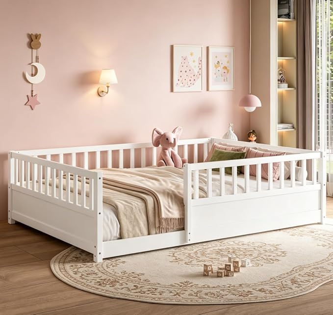 Bellemave Full Floor Bed with high Fence, Solid Pine Wood Montessori Bed for Kids Girls Boys Floor Bed Frame, White with slats