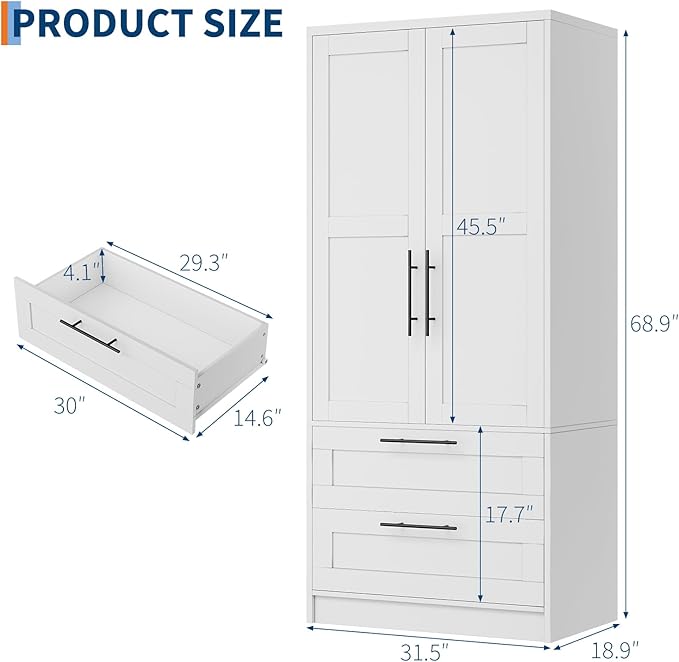 Garvee Armoire Wardrobe Closet with 2 Drawers, 70 in Tall Clothing Storage Cabinet with 2 Doors, Modern Bedroom Clothing Armoires with Hanging Rods, White