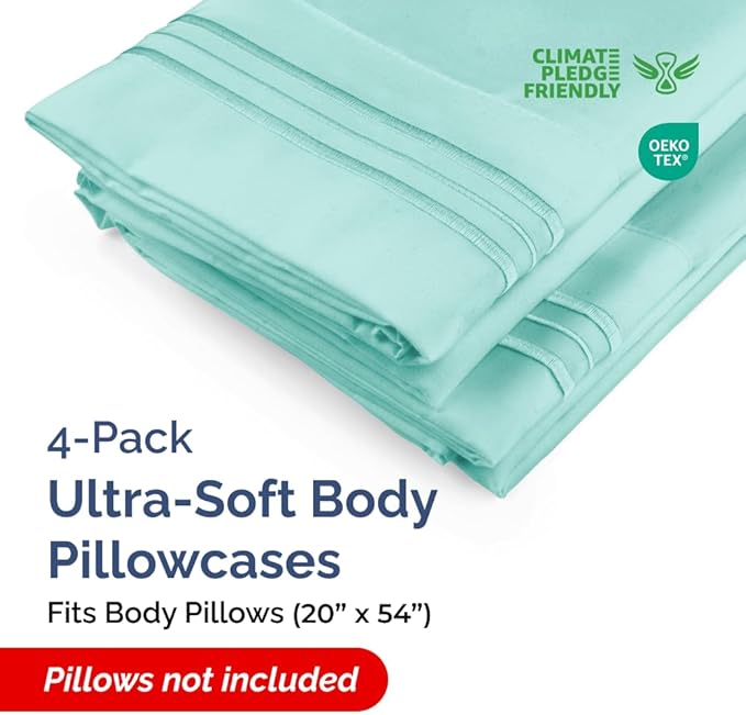 Body Pillowcases Set of 4-20x54 Long Body Pillow Case - Soft Body Pillow Cover for Sleeping & Side Sleepers - Comfy, Breathable & Fade Free - Machine Washable with Envelope Enclosure - (Spa Blue)