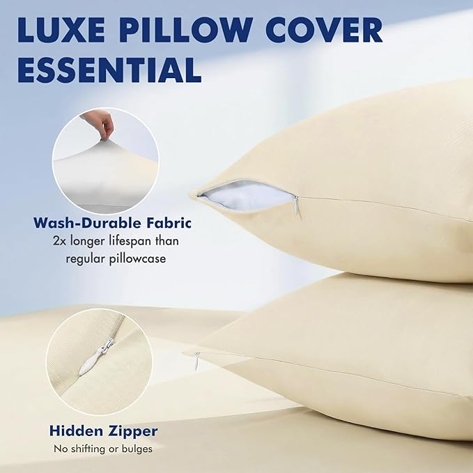 Elegear Cooling Pillow Cases for Hot Sleepers, Clean Fabric Silver Infused Cooling Pillowcase Q-Max>0.5, Soft Silky Pillowcases for Hair & Skin, Summer Zipper Pillowcase Cover Set of 2-King, Beige