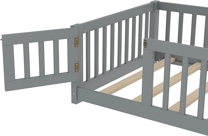 Bellemave Twin Floor Bed with Slats and Safety Guardrails, Kids Montessori Floor Beds with Fence and Door, Easy Assemble Floor Bed for Kids, Girls, Boys, Gray