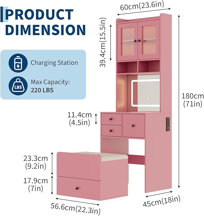 Garvee 3 in 1 Vanity Desk with LED Light, Tall Makeup Vanity Set with 2 AC Outlets & USB-c, Dressing Table with Drawers & Acrylic Doors, Nightstand Vanity Mirror, Jewelry Box, Cushioned Chair, Pink
