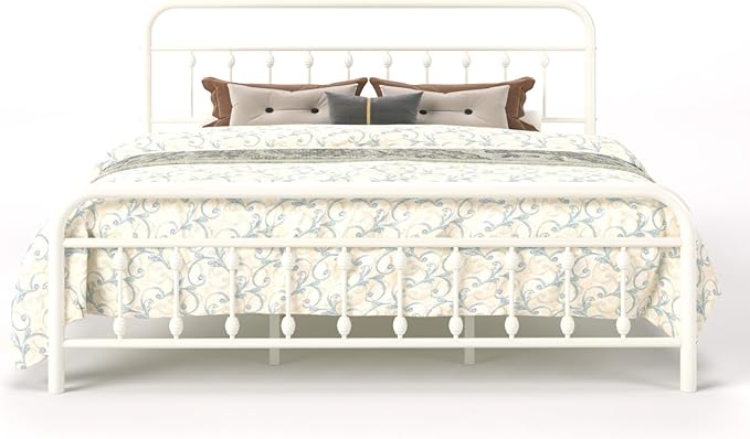 SHA CERLIN King Size Metal Platform Bed Frame with Victorian Style Iron-Art Headboard and Footboard, Easy Assembly, Under Bed Storage, No Box Spring Required, Off White