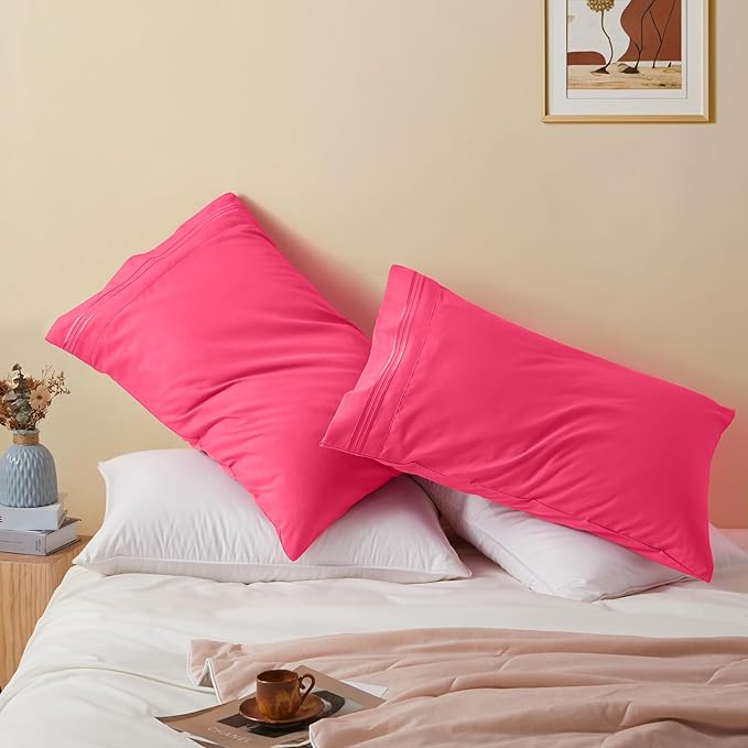Vonty 2 Pack Queen Pillow Cases - 20x30 Inch, 1800 Thread Count Microfiber Pillowcases Queen Size Hot Pink Luxury & Soft Embroidered Bed Pillow Covers with Envelope Closure