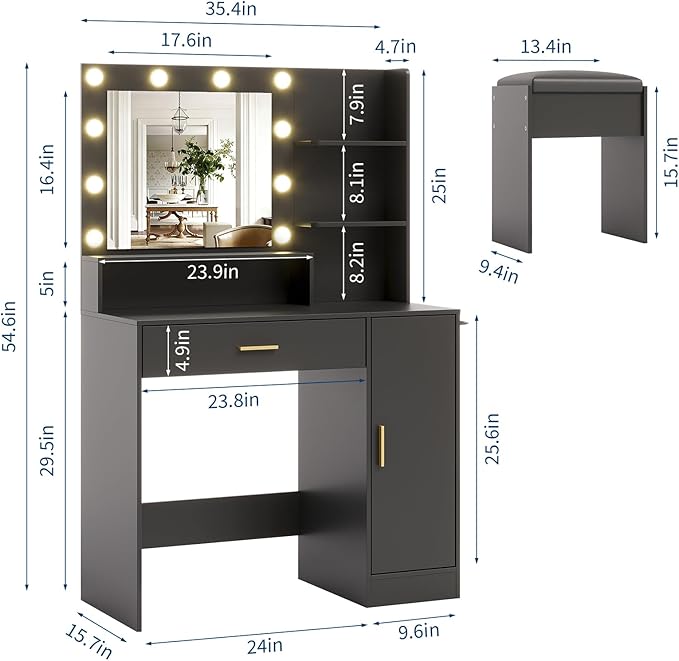 Garvee Vanity Desk with Mirror and Light, Makeup Dressing Table with Large Drawers and 3-Level Storage Dresser, 3 Lighting Modes Adjustable Brightness, Modern Vanity Set for Bedroom, Black