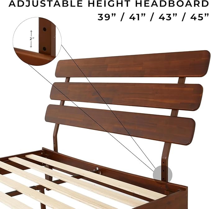 Bme Caden Queen Bed Frame and Adjustable Headboard, 15 Inch Mid Century Retro Style - Solid Acacia Wood - No Box Spring Needed - 12 Strong Wood Slat Support - Easy Assembly - Dark Chocolate