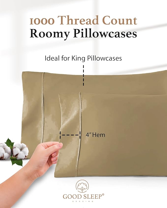 1000 TC Taupe King Pillowcases Set of 4 100% Egyptian Cotton Pillow Cases with Long Staple Cotton & Sateen Weave, Silky Soft Hotel - Like Bed Pillow Covers for Comfy Sleeping, Snug Fit