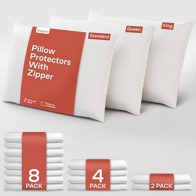 Niagara 4 Pack Standard Pillow Protectors with Zipper, Premium Cotton Sateen Blend Tight Weave Lab Tested Non Noisy Zip Covers Breathable Non Crinky (20x26 Inches)
