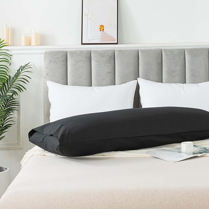 WhatsBedding Body Pillow Cover Cotton Fabric, Long Pillowcase Breathable & Skin-Friendly, Envelope Closure - Black (20x54 inch)