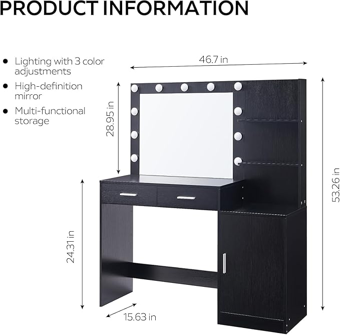 Palimder Vanity Desk with Lamp Bulb Mirror Drawers,Vanity Storage Bench,Makeup Vanities Table for Bedroom